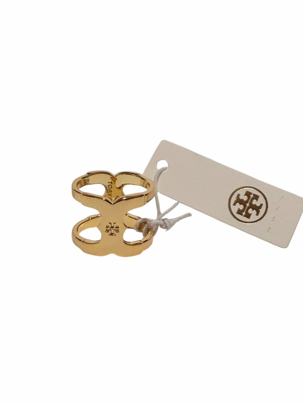 NWT Tory Burch Gemini Gold Logo Double-Loop Ring Size 8
